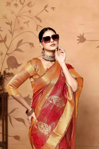 red tissue cotton silk blend embroidered work saree with unstitched blouse piece
