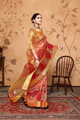 red tissue cotton silk blend embroidered work saree with unstitched blouse piece 4