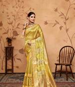 yellow tissue cotton silk embroidered work saree with unstitched blouse piece