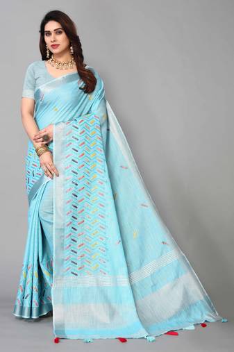 blue linen cotton embroidered work saree with unstitched blouse piece