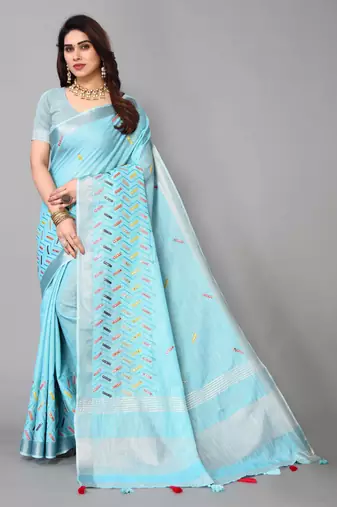 blue linen cotton embroidered work saree with unstitched blouse piece