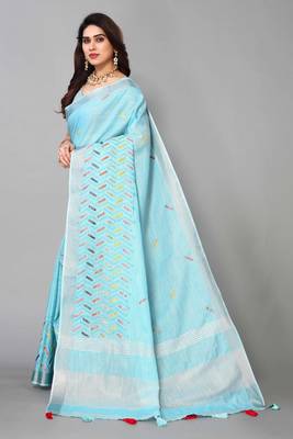 blue linen cotton embroidered work saree with unstitched blouse piece 2