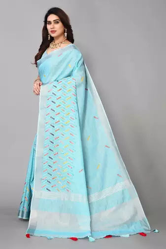 blue linen cotton embroidered work saree with unstitched blouse piece