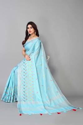 blue linen cotton embroidered work saree with unstitched blouse piece 3