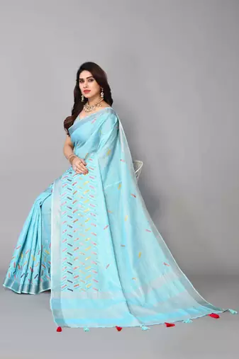 blue linen cotton embroidered work saree with unstitched blouse piece