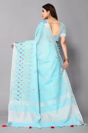blue linen cotton embroidered work saree with unstitched blouse piece