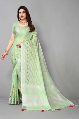 green linen cotton embroidered work saree with unstitched blouse piece 1