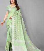 green linen cotton embroidered work saree with unstitched blouse piece