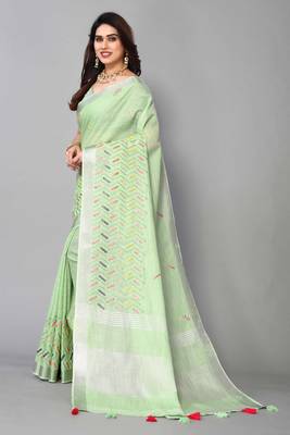 green linen cotton embroidered work saree with unstitched blouse piece 2