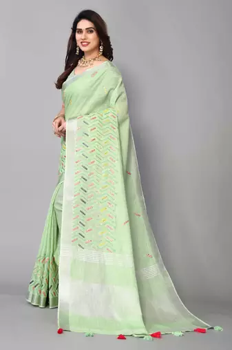green linen cotton embroidered work saree with unstitched blouse piece