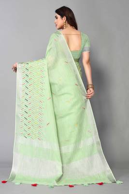 green linen cotton embroidered work saree with unstitched blouse piece 3
