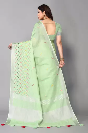 green linen cotton embroidered work saree with unstitched blouse piece