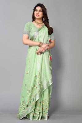 green linen cotton embroidered work saree with unstitched blouse piece 4