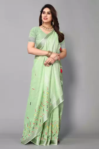 green linen cotton embroidered work saree with unstitched blouse piece