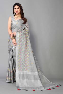 grey linen cotton embroidered work saree with unstitched blouse piece 1