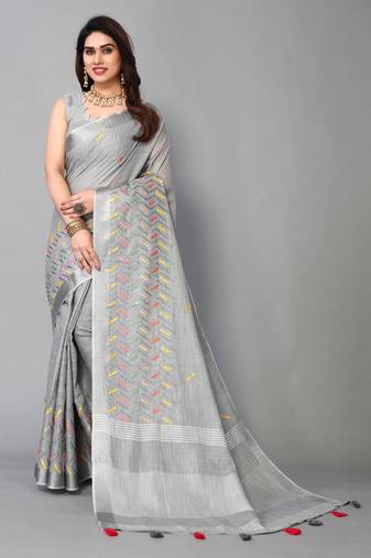 grey linen cotton embroidered work saree with unstitched blouse piece