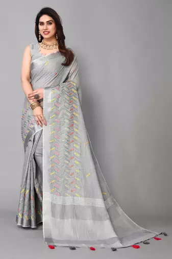 grey linen cotton embroidered work saree with unstitched blouse piece