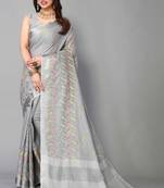 grey linen cotton embroidered work saree with unstitched blouse piece