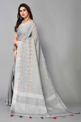 grey linen cotton embroidered work saree with unstitched blouse piece 2