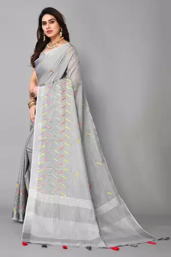 grey linen cotton embroidered work saree with unstitched blouse piece