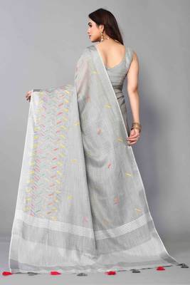 grey linen cotton embroidered work saree with unstitched blouse piece 3