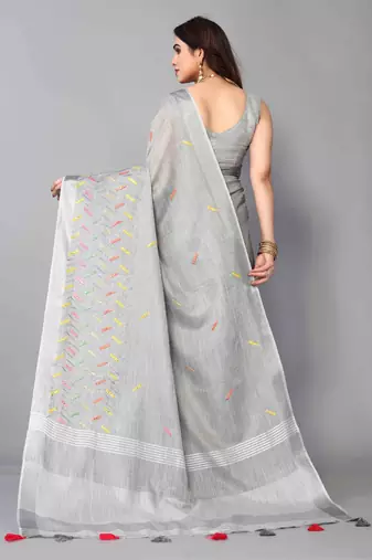 grey linen cotton embroidered work saree with unstitched blouse piece