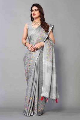 grey linen cotton embroidered work saree with unstitched blouse piece 4