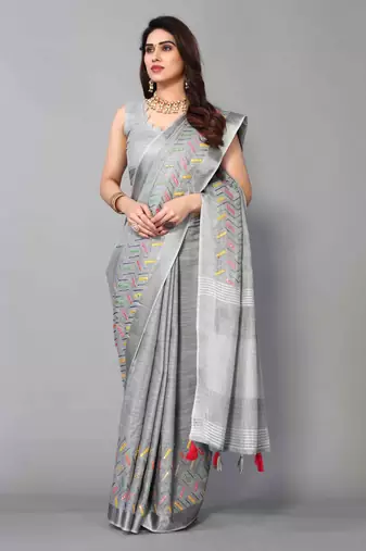 grey linen cotton embroidered work saree with unstitched blouse piece