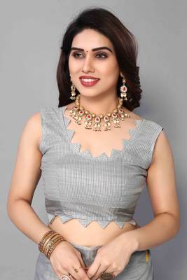grey linen cotton embroidered work saree with unstitched blouse piece 5
