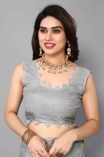 grey linen cotton embroidered work saree with unstitched blouse piece
