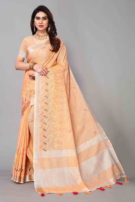 orange linen cotton embroidered work saree with unstitched blouse piece 1