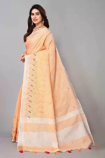 orange linen cotton embroidered work saree with unstitched blouse piece
