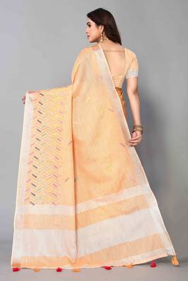 orange linen cotton embroidered work saree with unstitched blouse piece 3