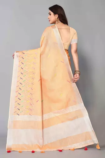 orange linen cotton embroidered work saree with unstitched blouse piece