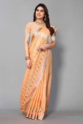 orange linen cotton embroidered work saree with unstitched blouse piece 4