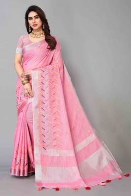 pink linen cotton embroidered work saree with unstitched blouse piece 1