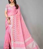 pink linen cotton embroidered work saree with unstitched blouse piece