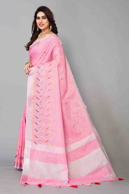pink linen cotton embroidered work saree with unstitched blouse piece 2