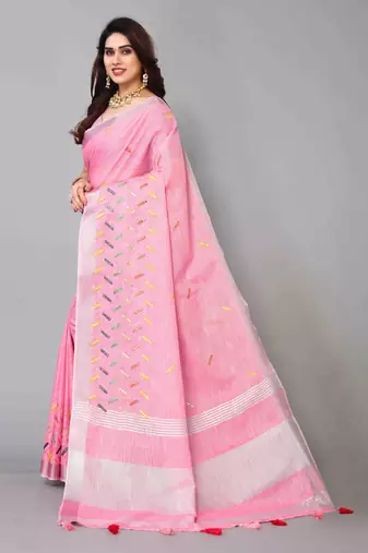 pink linen cotton embroidered work saree with unstitched blouse piece