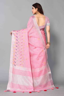 pink linen cotton embroidered work saree with unstitched blouse piece 3