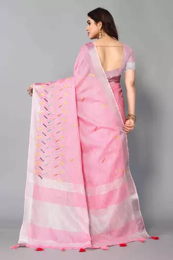 pink linen cotton embroidered work saree with unstitched blouse piece