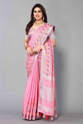pink linen cotton embroidered work saree with unstitched blouse piece 4
