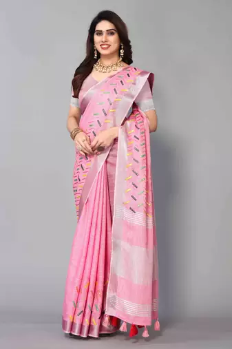 pink linen cotton embroidered work saree with unstitched blouse piece
