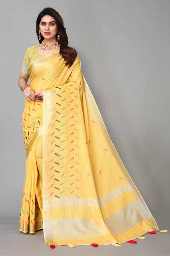 yellow linen cotton embroidered work saree with unstitched blouse piece
