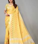 yellow linen cotton embroidered work saree with unstitched blouse piece