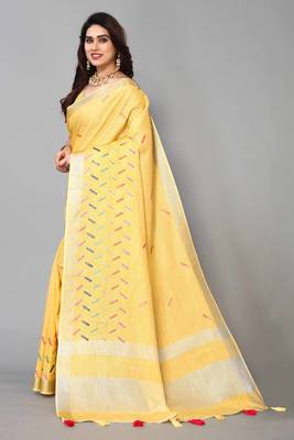 yellow linen cotton embroidered work saree with unstitched blouse piece 2