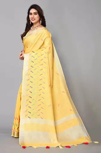 yellow linen cotton embroidered work saree with unstitched blouse piece