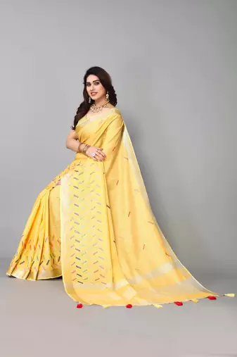 yellow linen cotton embroidered work saree with unstitched blouse piece