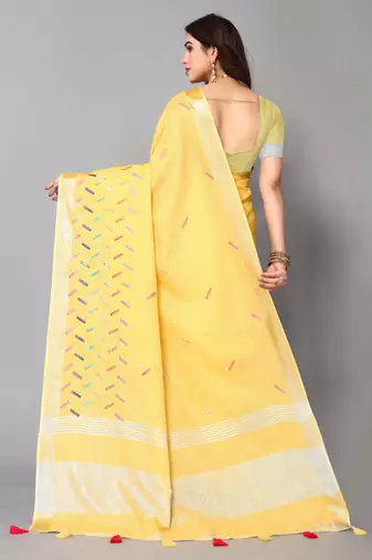 yellow linen cotton embroidered work saree with unstitched blouse piece