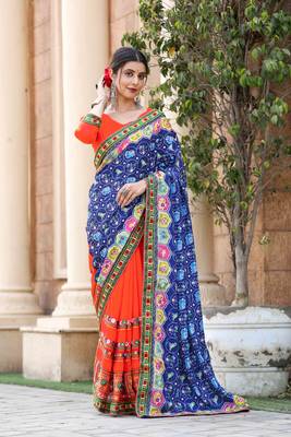 blue-orange georgette mirror &beads work saree with unstitched blouse piece 1